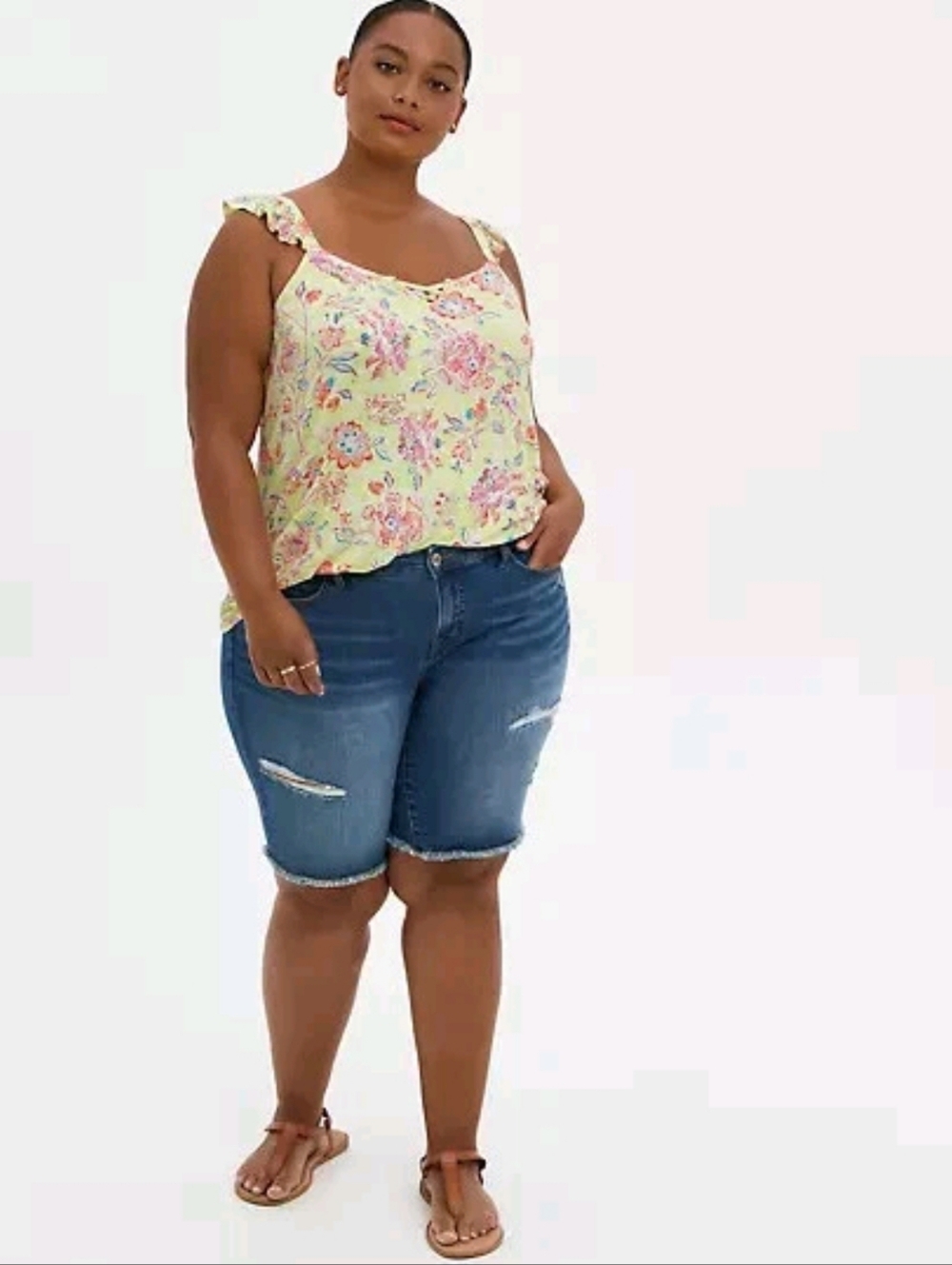 Torrid Supersoft Knit Yellow Floral Ruffle-Strap Camisole Stretch Modal Size 3X - Picture 2 of 8